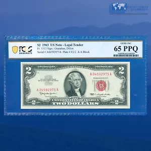 Fr.1513 1963 $2 Two Dollars Legal Tender Note Red Seal, PCGS GEM 65 PPQ #92975 - Picture 1 of 2