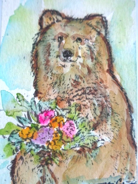ACEO - 原创花卉 WILDLIFE 棕色熊水彩画 — 第 1/1 张图片