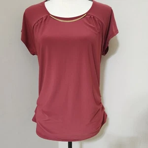 a.u.w Medium Short Sleeve Smooth Stretch Blouse Brick Red Dressy Career Ruched - Picture 1 of 13