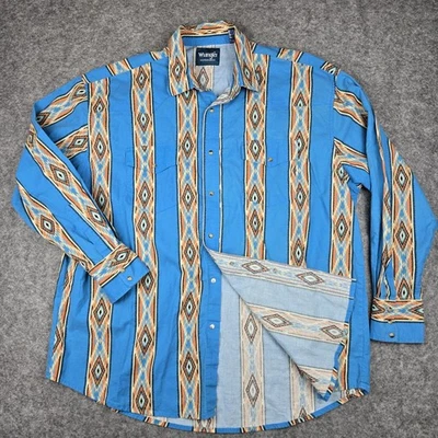 Wrangler Checotah Western Pearl Snap Shirt Mens XXL Blue Southwestern Aztec VTG - Image 1 of 4