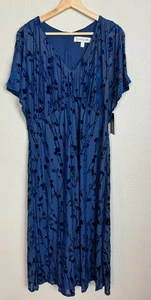 Taylor Women's Midi Dress Blue Velvet Floral Size 14W Short Sleeves New V Neck - Picture 1 of 13