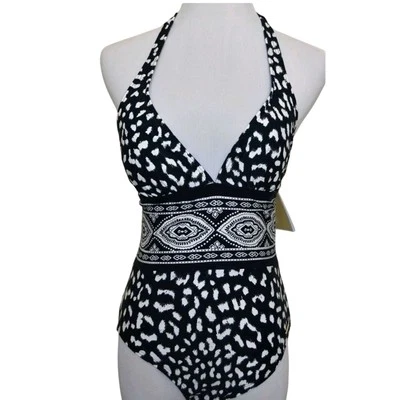 Traje de baño Michael Kors para mujer azul marino/blanco halter de una pieza moldeador liso talla 10 Foto 1 de 4