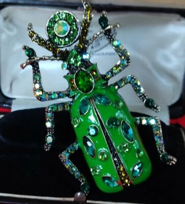 Broche grande estilo vintage abstracto insecto tono dorado/esmalte verde cristal prendedor Foto 1 de 4