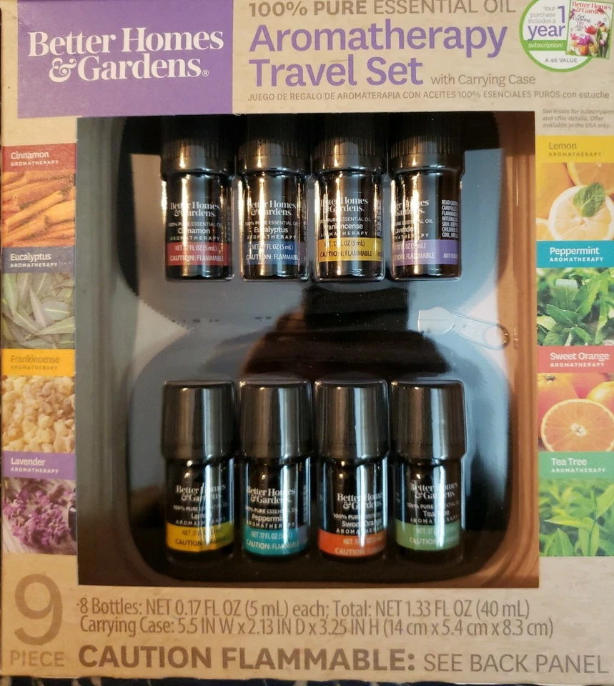Better Homes & Gardens 100 Pure Essential Oil Aromatherapy 9 PC Travel Set