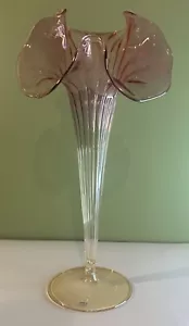 ITALIAN MURANO EXQUISITE TWO-TONED RIB OPTIC GLASS FLOREFORM TRUMPET VASE 15” - Picture 1 of 9