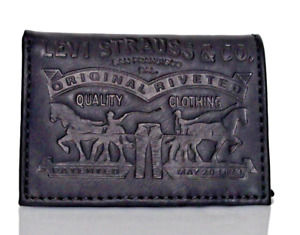 LEVI'S PREMIUM LEATHER PHOTO ID LOGO WALLET TRIFOLD TWO 2 HORSES PULLING BLACK
