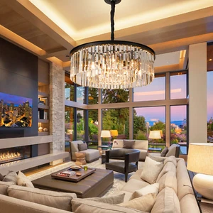 24" Crystal Chandelier Flush Mounted Round Ceiling Light Adjustable Pendant Lamp - Picture 1 of 13
