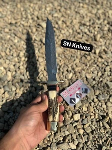 CUSTOM HANDMADE DAMASCUS STEEL HUNTING BOWIE KNIFE CAMPING KNIFE W/LEATHER SHEAT - Picture 1 of 5