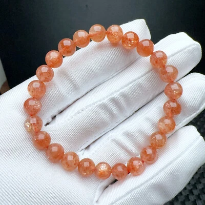 Brazalete de cuentas elásticas de cuarzo de piedra solar de fresa dorada natural de 7,2 mm Foto 1 de 4