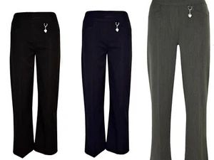 GIRLS SLIM FIT SCHOOL PULL UP TROUSERS WITH HEART PENDANT HALF ELASTICATED - Picture 1 of 5