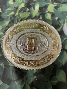 Custom Initial monogram Letter D - stamped Justin Boot Silver Mexico belt buckle - Picture 1 of 4