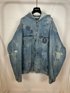 Balenciaga Distressed Scribble Rhinestone Hooded Denim Jacket - Picture 1 of 9