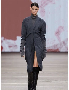 NEW BASSIKE Grey 100% Linen Long Sleeve Cinched Waist Shirt Dress Sz 1 RRP $595 - Picture 1 of 5