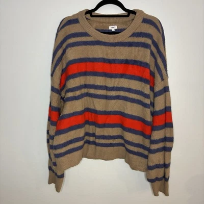 AERIE Flurry Crew Sweater Sz XL Brown Striped Tan Blue Red Fuzzy Oversized - Image 1 of 4