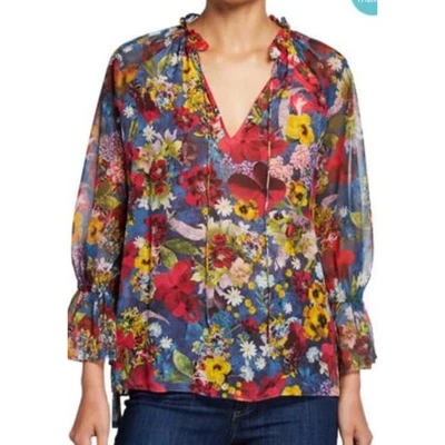 Алиса + Оливия длинным рукавом синий цветочный блузка верхний богемное женщин Sz XS - Изображение 1 из 4
