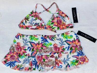 LA BLANCA Botanical Jardin Banded Halter Top Skirted Swim Suit NEW Womens Sz 4 8 - Image 1 of 4