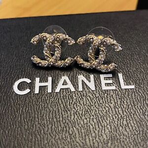 Authentic Chanel CC Logo Crystal Stud Earrings