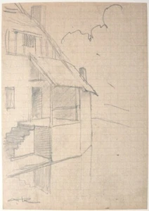 Dessin original de Auguste ROUBILLE (1872-1955) Art Deco paysage maison - Picture 1 of 1