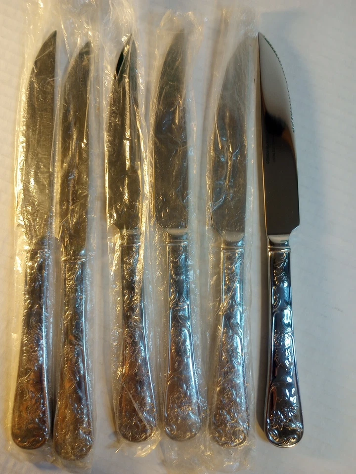 6 cuchillos para carne Queens Garden Reed & Barton cubiertos de acero inoxidable brillante Foto 1 de 4