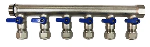6 Loop Plumbing Manifold w/ 1" trunk & 1/2" pex ball valves, blue handle - Picture 1 of 7