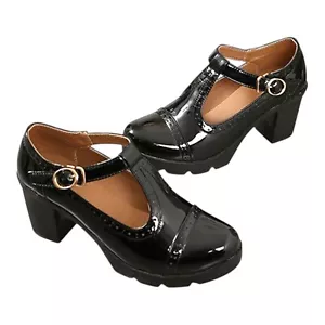 Black Patent Leather Block Heel Shoes T Bar Clip Women’s UK Size 3 EU 36 - Picture 1 of 7