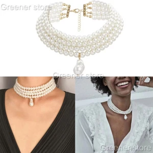 Women Multilayer White Imitation-Pearl Choker Fashion Wide Bib Necklace Jewelry - Picture 1 of 14