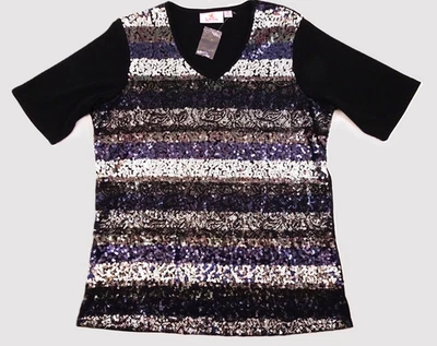 NWT Quacker Factory Sequin Lace t-shirt Medium Black Silver Blue New Year's Eve - Image 1 of 4