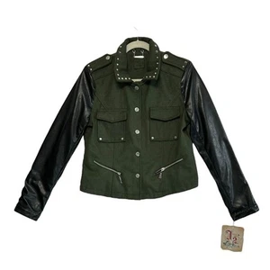 J2 Studded Faux Leather Sleeve Jacket NWT Women's Sz L Dark Green Biker Punk - Picture 1 of 7