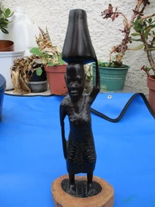 Vintage African Carved Solid Wood Figurine 22 cm or 8 1/2" Lady Carrying Water - Picture 1 of 10