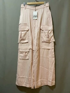 NWT ZARA Women Zipper Hi-Rise Satin Effect Wide Leg Cargo Pants SZ S Light Pink - Picture 1 of 15