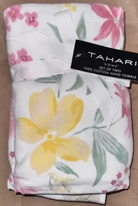 TAHARI HOME Spring Flowers Yellow Pink / White BATHROOM HAND TOWELS 2-Pc Set New - Picture 1 of 2