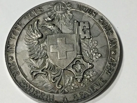 antique, superb condition 1887 silver shooting coin, Geneve Cover