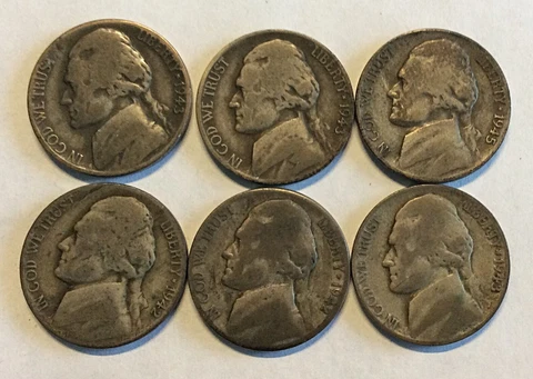 6 Silver Jefferson Nickels  - various mint marks As Shown Cover