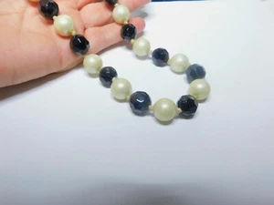 Hand Knotted Off White Faux Pearl Black Crystal Beaded Necklace 17"-20" Iintage - Picture 1 of 3