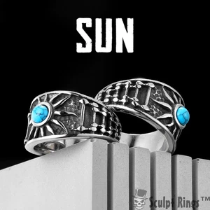Anillo Sol Sculpt Rings™ - Piedra Turquesa Vintage y Motivo Solar en Acero Inoxidable - Imagen 1 de 8