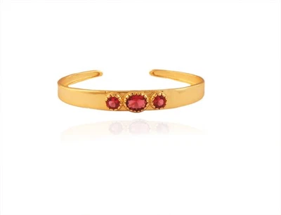 Pink Ruby Three Stone Crown Bangle, Brass Gold Plated Bracelet Gift For Women - Image 1 of 4