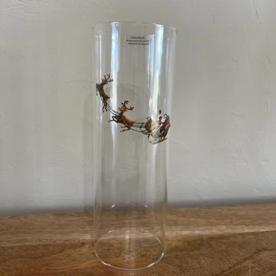 Vtg Santa, Sleigh & Reindeer ~ Clear Glass Cylinder Hurricane Lantern  - Image 1 of 4