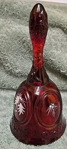 Vintage Fenton Ruby Red Glass White Roses Dinner Bell Hand Painted Signed 7inch - Picture 1 of 3