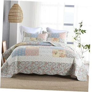 Cotton Bedspread Quilt Bedding Sets 3 Pieces King Size Green Yellow Rose - Picture 1 of 8