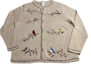 Breckenridge Women’s XL Embroidered Birds Cardigan Sweater Tan Button Front - Picture 1 of 14
