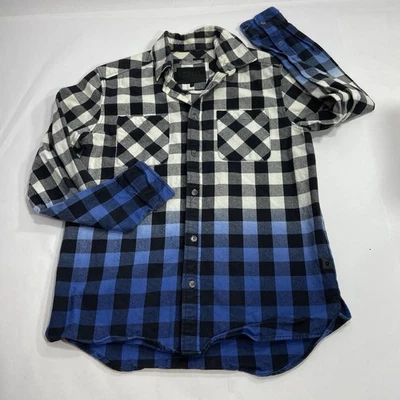 Madison Supply Medium Flannel Shirt Black White Plaid Blue Gradient - Image 1 of 4