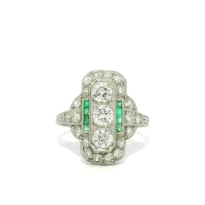 Antique Art Deco Platinum 1ctw Old Cut Diamond & Emerald Dinner Ring - Picture 1 of 14
