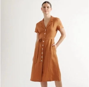Quince Brown Button Down Shirt Dress Midi 100% European Linen Size Medium - Picture 1 of 7