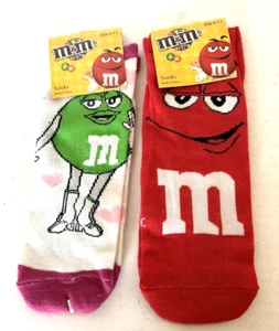 Lot 2 Pair M&M's Socks Size 9-11 White w/ Ms. Green & Hearts & Red - Picture 1 of 2