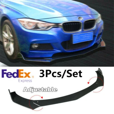 Adjustable ABS 3Pcs/Set Black PP Front Bumper Spoiler Lip Body Kit Bright Glossy - Image 1 of 4