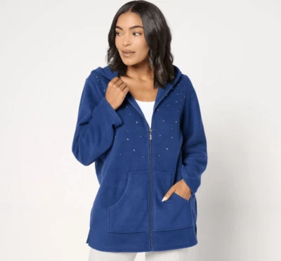 Quacker Factory Womens XL Embellished Fleece Zip Front Jacket Light Blue NWOT - Image 1 of 4