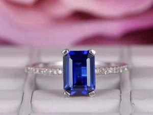 2.30 Ct Emerald Cut Natural Sapphire & Diamond Wedding Ring 14K White Gold SzAll - Picture 1 of 6