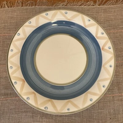 SALE! 2 Gibson Dinnerware 10 3/8" Dinner plate Blue Stripe Dot Taz Zig Zag Rare  - Image 1 of 4