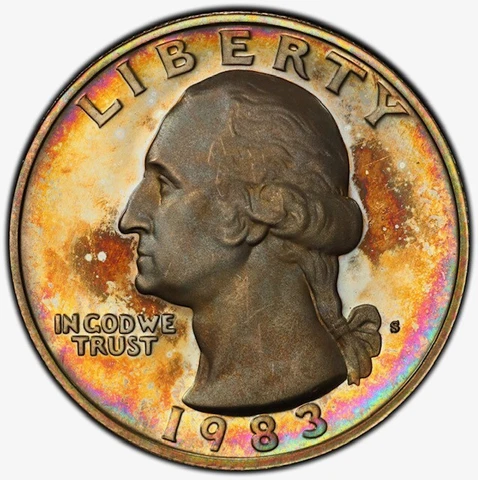 PR68DCAM 1983-S 25C Washington Proof Quarter, PCGS Secure- Vivid Rainbow Toned Cover