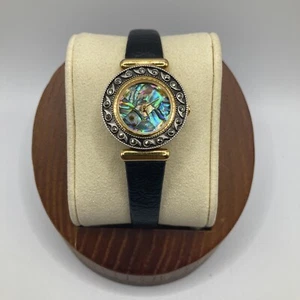 Vintage Majestron Majesti Ladies 22mm Watch Abalone Dial Gold & Black Tone- RUNS - Picture 1 of 16
